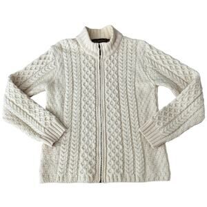 Inis Crafts Irish Cream Wool Zip Cable Knit high neck Cardigan size large